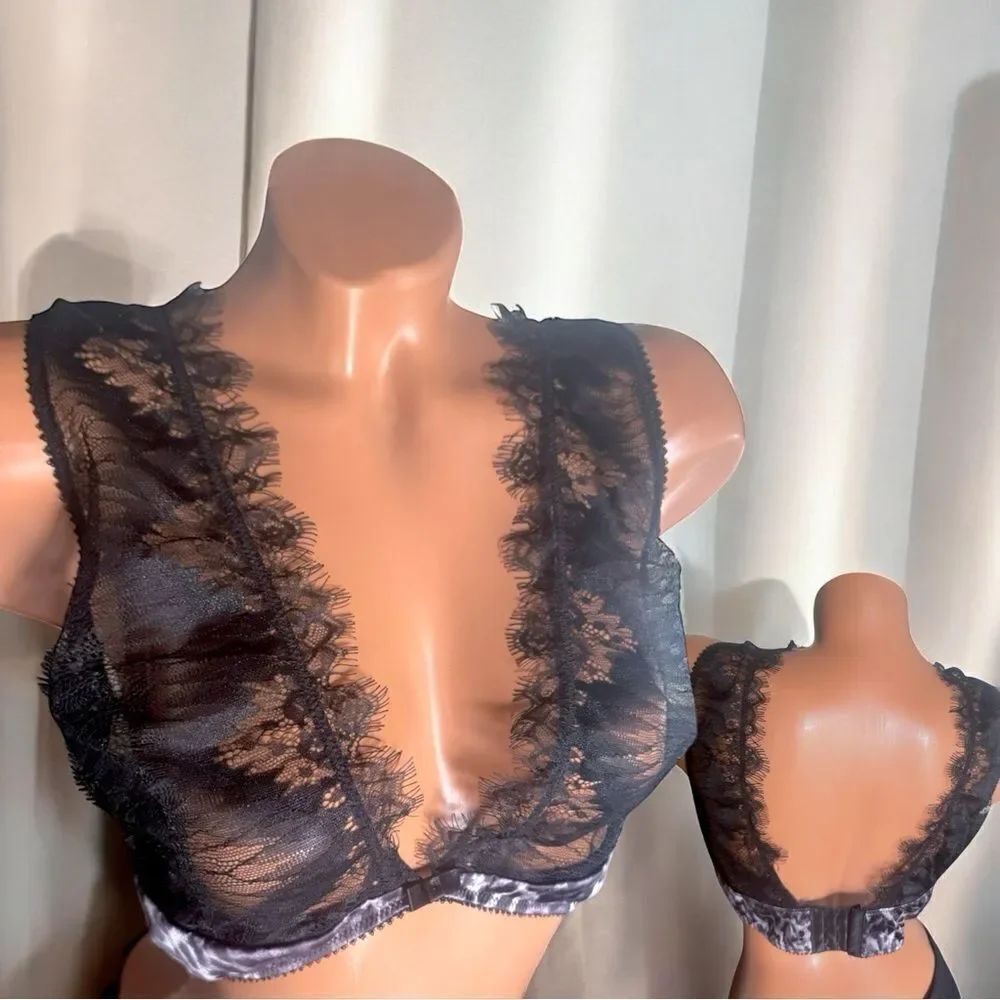 Oh La La Cheri l Black Lace Bra l Fringe Accent l Animal Print l 2X l EUC